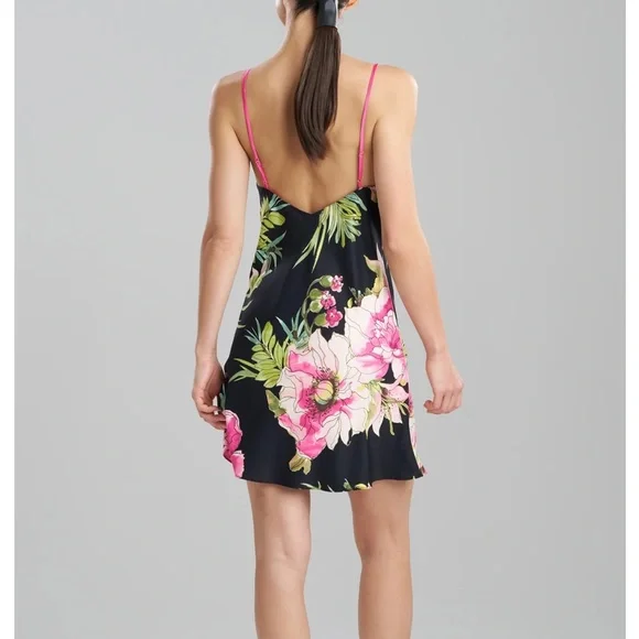 Natori Black Slip Nightgown with Pink Floral DesignS